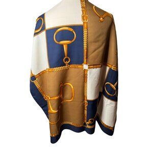 Vtg Equestrian Print Scarf Shawl 33" X 33" Blue & Gold Polyester Square Italy